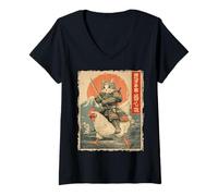 Donna Divertente Gatto Che cavalca Il Gatto Giapponese Ukiyo-e Art Samurai Maglietta con Collo a V