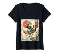 Donna Divertente Gatto Che cavalca Il Gatto Giapponese Ukiyo-e Art Samurai Maglietta con Collo a V