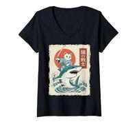 Donna Divertente Gatto Che cavalca Lo squalo Giapponese Ukiyo-e Art Samurai Cat Maglietta con Collo a V