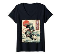 Donna Divertente Gatto Che cavalca Opossum Giapponese Ukiyo-e Art Samurai Cat Maglietta con Collo a V