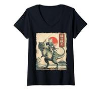 Donna Divertente Gatto Che cavalca T-Rex Giapponese Ukiyo-e Art Samurai Cat Maglietta con Collo a V
