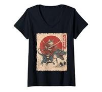 Donna Divertente Gatto Che cavalca T-Rex Giapponese Ukiyo-e Art Samurai Cat Maglietta con Collo a V