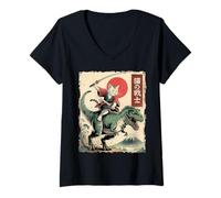 Donna Divertente Gatto Che cavalca T-Rex Giapponese Ukiyo-e Art Samurai Cat Maglietta con Collo a V
