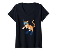Donna Divertente Gatto Che Fa Snorkeling con Disegno di Cartoni Animati Carino subacqueo Maglietta con Collo a V