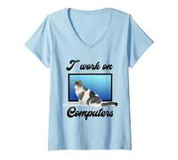 Donna Divertente Gatto Grigio e Bianco Kitty e Computer per Gli Amanti degli Animali Domestici Maglietta con Collo a V