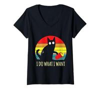 Donna Divertente Gatto I Do What I Want Cat Regalo Vintage Tramonto Maglietta con Collo a V