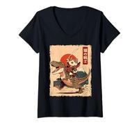 Donna Divertente Gatto Kawaii Che cavalca T-Rex Arte Giapponese Samurai Cat Maglietta con Collo a V