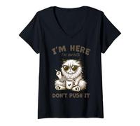 Donna Divertente gatto mattutino caffè sarcastico I'm Here Awake Don't Push Maglietta con Collo a V