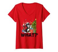 Donna Divertente Gatto Nero Kawaii Che Spinge L'Albero di Natale sopra Il Gatto Cosa? Maglietta con Collo a V