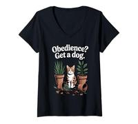Donna Divertente gatto obbedienza ottenere un cane gatti Maglietta con Collo a V