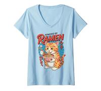 Donna Divertente Gatto Ramen Powered by Ramen Comic Kawaii Anime Cat Maglietta con Collo a V