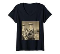 Donna Divertente Gatto scioccato Selfie UFO Incontro Extraterrestre Maglietta con Collo a V