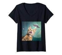 Donna Divertente gatto selfie con illustrazione grafica di arte UFO alieno Maglietta con Collo a V