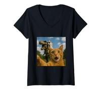 Donna Divertente gatto selfie con unicorno e T-Rex - Fantasy Retro Maglietta con Collo a V