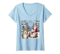 Donna Divertente Gatto Selfie Natale Babbo Natale Vacanze di Natale Maglietta con Collo a V