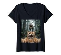 Donna Divertente Gatto Selfie T Rex UFO Foresta Incontro Maglietta con Collo a V