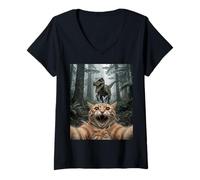 Donna Divertente Gatto Selfie Velociraptor UFO Foresta Incontro Maglietta con Collo a V