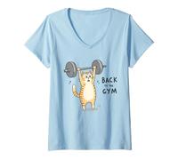 Donna Divertente Gatto Sollevamento Pesi Back to The Gym Design Maglietta con Collo a V