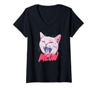 Donna Divertente Gatto urlante Miao Punk Rock Art Sassy felino Maglietta con Collo a V