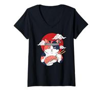 Donna Divertente Giappone Ninja Cat Mangiare Sushi Cibo Neko Lover Maglietta con Collo a V