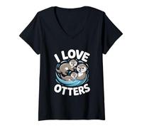 Donna Divertente Gioco Acquatico per Famiglie I Love Otters Maglietta con Collo a V