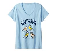 Donna Divertente Gioco di Parole di Birdwatching Facilmente distratto dalle Tette Birding Maglietta con Collo a V