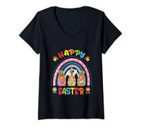 Donna Divertente Gnomo Arcobaleno Coniglietto Pasquale Abbraccio Uovo Happy Easter Maglietta con Collo a V