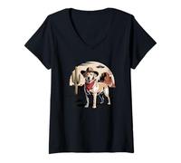 Donna Divertente Golden Labrador Retriever Cowboy Alien UFO Deserto Maglietta con Collo a V