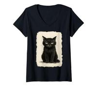 Donna Divertente Grumpy Nero Neko Gatto Kawaii Anime Giapponese Vintage Maglietta con Collo a V