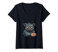 Donna Divertente Halloween Cinghiale Zombie Comic Pig Maglietta con Collo a V