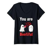 Donna Divertente Halloween Coppie Boo Gioco di Parole bootiful Fantasma con Rose Maglietta con Collo a V