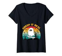 Donna Divertente Halloween Ghost Skateboard Vintage Retro Creep it Reale Maglietta con Collo a V