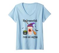 Donna Divertente Halloween My Broomstick Runs on Coffee Witch Maglietta con Collo a V