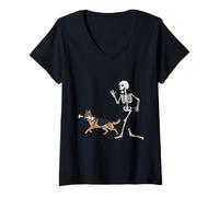 Donna Divertente Halloween Pastore Tedesco e Scheletro Maglietta con Collo a V