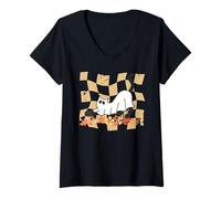 Donna Divertente Halloween Stagionale Autunno Autunno Stretching Cat Ghost Maglietta con Collo a V