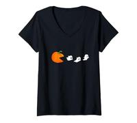 Donna Divertente Halloween - Zucca Mangiare Fantasmi - Videogioco Maglietta con Collo a V