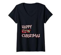 Donna Divertente Happy Elfin Christmas Vacanza Gioco di Parole Elf Maglietta con Collo a V