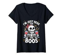 Donna Divertente Im Just Here for The Boos Skeleton Halloween Detto Maglietta con Collo a V