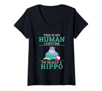 Donna Divertente Ippopotamo Umorismo Questo è Il Mio Costume Umano Ippopotamo di Halloween Maglietta con Collo a V
