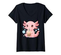 Donna Divertente Kawaii Axolotl Holding Boba Cup Allegro Pet Maglietta con Collo a V