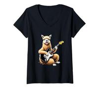 Donna Divertente Lama Che Suona la Chitarra Design per Gli Amanti della Musica Lama Maglietta con Collo a V