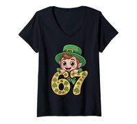 Donna Divertente Leprechaun 67 Trifoglio Numero virale Bambini St Paddy Maglietta con Collo a V