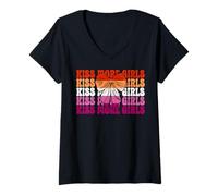 Donna Divertente Lesbica Pride Bandiera LGBTQ Coquette Bow Bacio Più Ragazze Maglietta con Collo a V