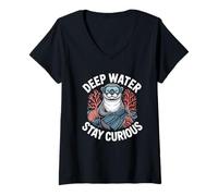 Donna Divertente lontra Marina con Occhiali Deep Water Stay Curious Maglietta con Collo a V