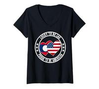 Donna Divertente maglietta con bandiera degli Stati Uniti d'America Lucky To Be Lao Proud To Be Maglietta con Collo a V