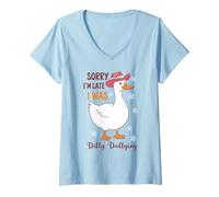 Donna Divertente maglietta con paperella Sorry I'm Late I Was Dilly Dallying Design Maglietta con Collo a V