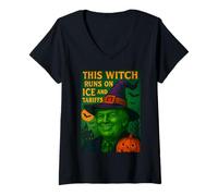 Donna Divertente Maglietta di Halloween Trump Witch Runs on Ice And Tariffs Maglietta con Collo a V
