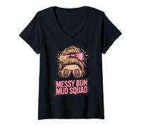 Donna Divertente Mascara Messy Bun Mud Squad Run Mudder Trail Running Maglietta con Collo a V