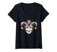 Donna Divertente Maschera da giullare Mardi Gras Carnevale New Orleans Maglietta con Collo a V