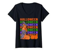 Donna Divertente Melanina Halloween Ragazza Nera Magia Costume Sangue Spaventoso Maglietta con Collo a V